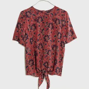 Madewell Assam Floral Printed Silk Front Tie Button Back Top Size XS